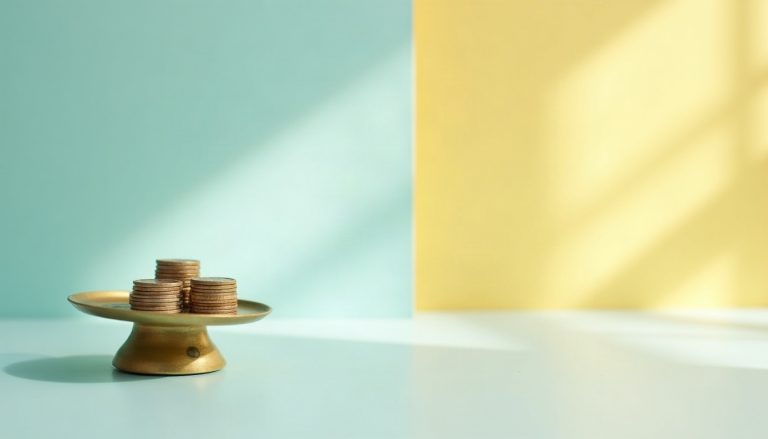 A small brass scale holding a few plain coins on a pastel tabletop in soft morning light.