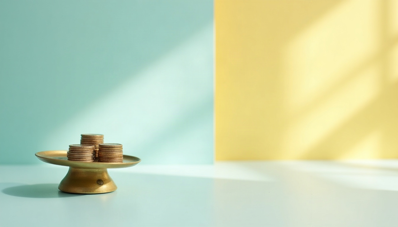 A small brass scale holding a few plain coins on a pastel tabletop in soft morning light.
