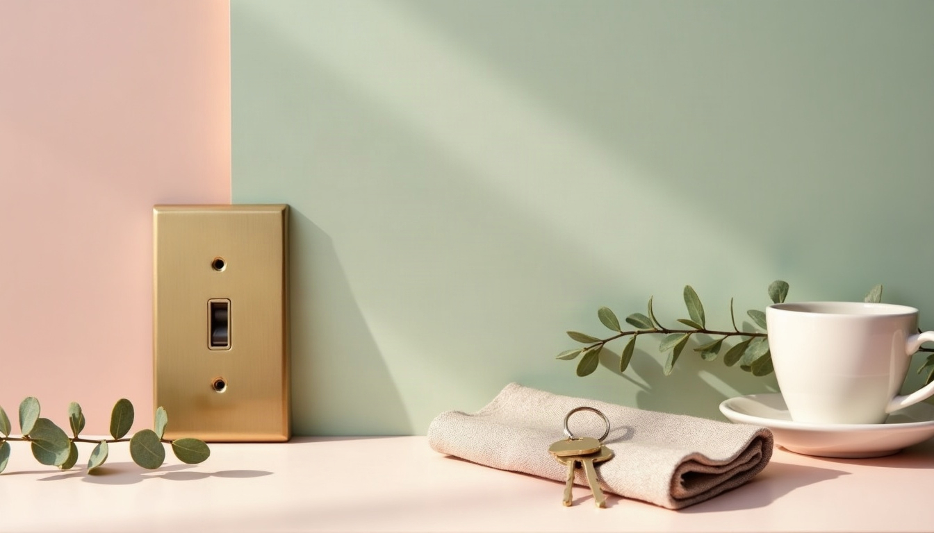 A pastel still life of a brass switch plate, a house key on a ribbon, a coffee cup and a eucalyptus sprig on a tabletop.