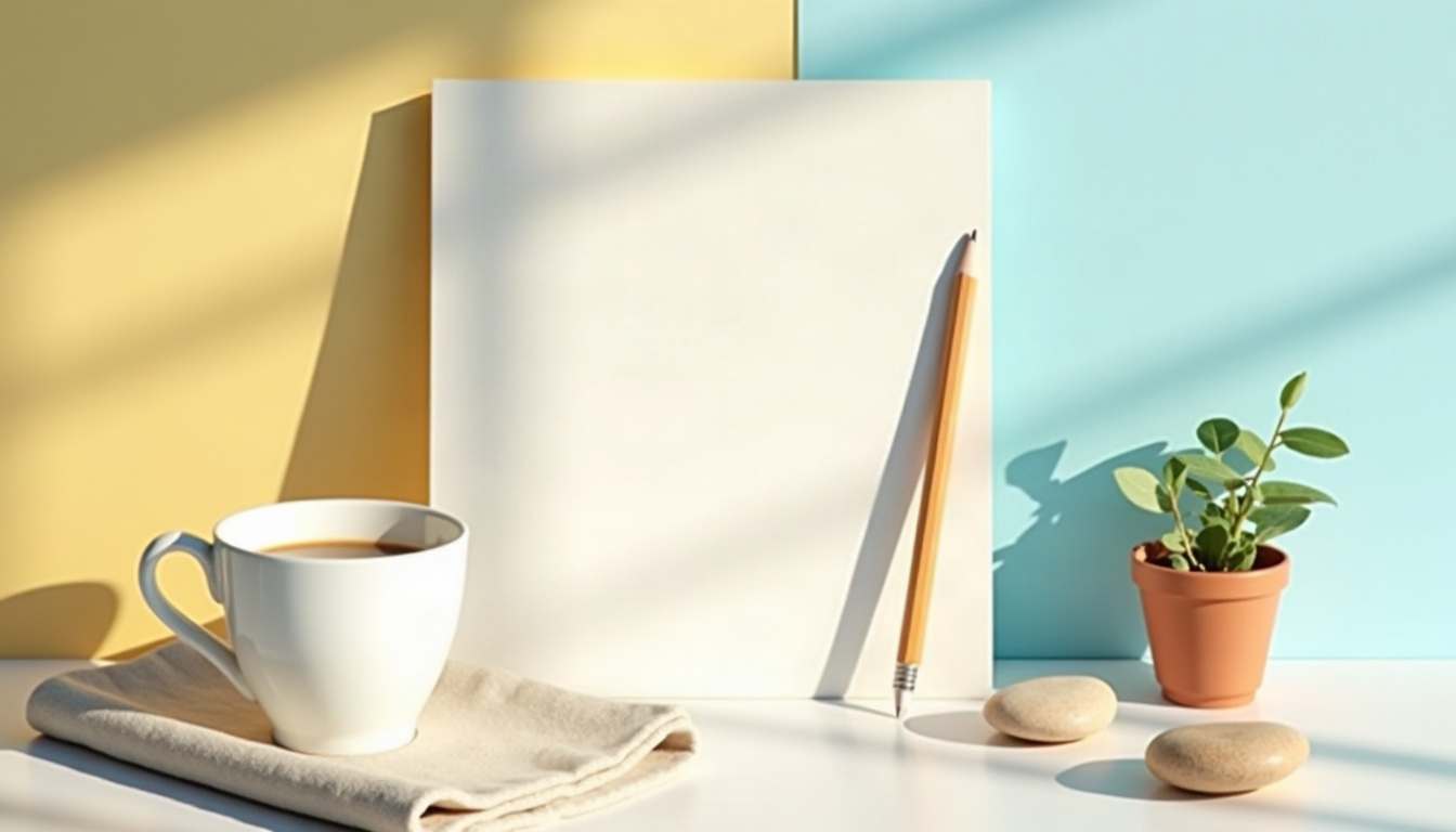 A pastel still life of a blank sheet of drawing paper, a pencil, a coffee cup, a sage sprig in a terracotta pot and a smooth stone on a tabletop.