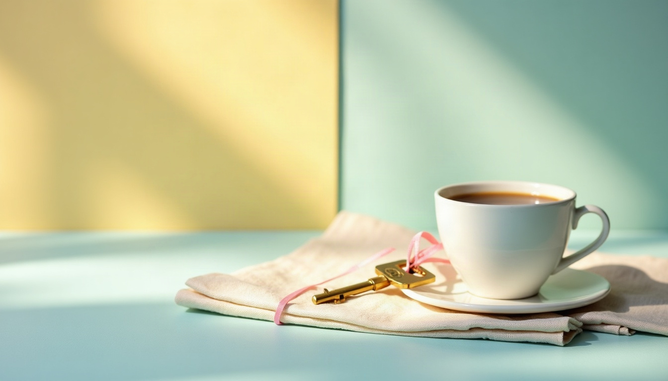 A brass house key on a ribbon next to a coffee cup on a folded linen napkin.