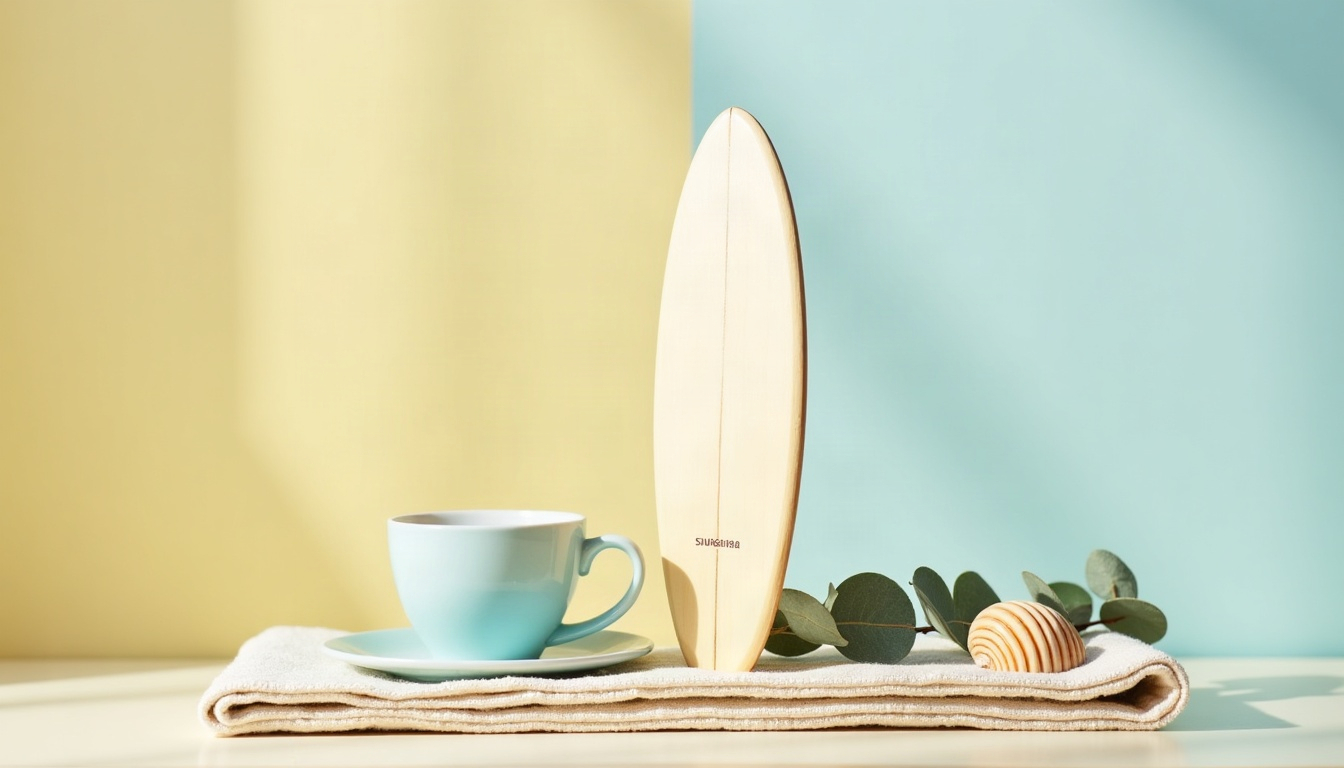 A miniature cream surfboard, a coffee cup, a seashell and a sprig of eucalyptus on a folded linen towel against a pastel backdrop.
