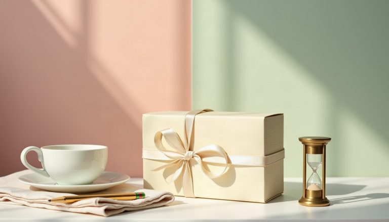 A pastel still life of blank envelopes tied with ribbon, a brass sand timer, a pencil and a coffee cup on linen against a blush and sage backdrop.