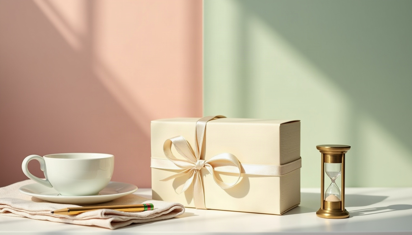 A pastel still life of blank envelopes tied with ribbon, a brass sand timer, a pencil and a coffee cup on linen against a blush and sage backdrop.