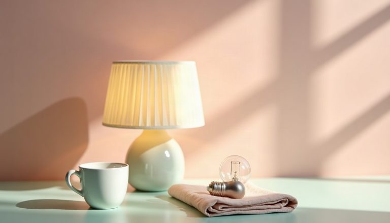 A pastel still life of a glowing table lamp with a cream shade, a glass bulb on linen and a coffee cup on a tabletop.