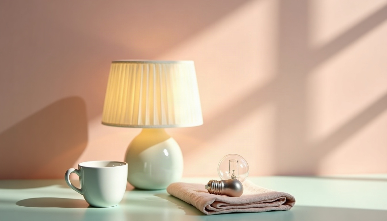 A pastel still life of a glowing table lamp with a cream shade, a glass bulb on linen and a coffee cup on a tabletop.